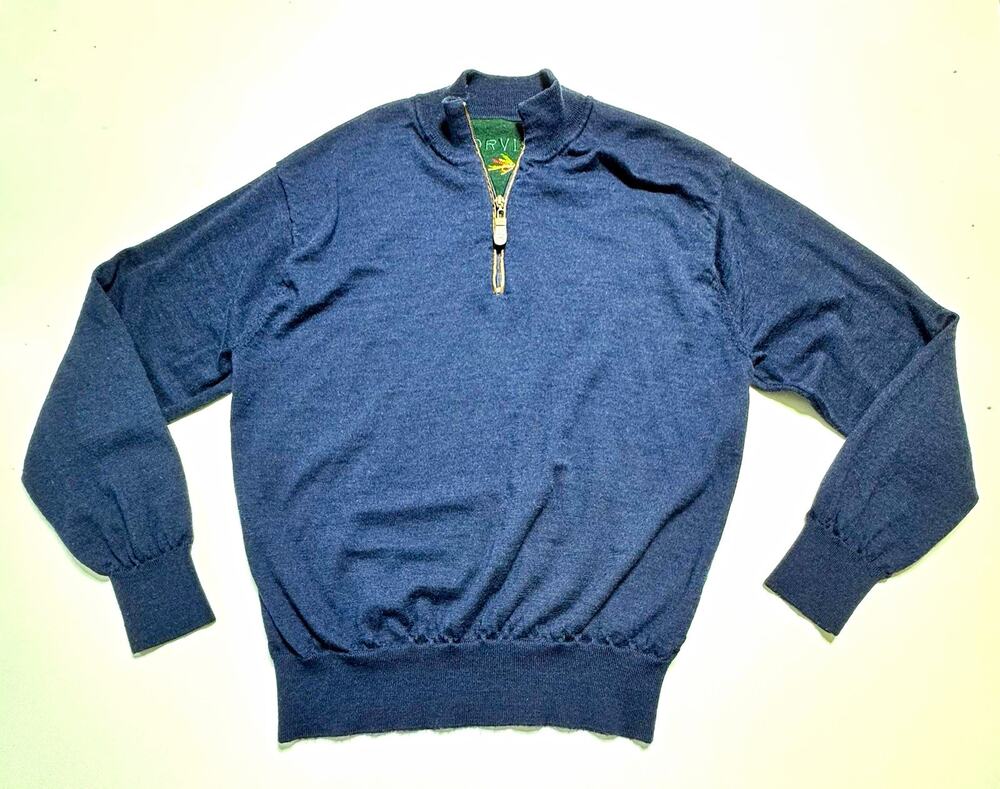 Orvis Blue 1/4 Zip Mock Neck Wool Pullover Sweater Solid Logo XL
